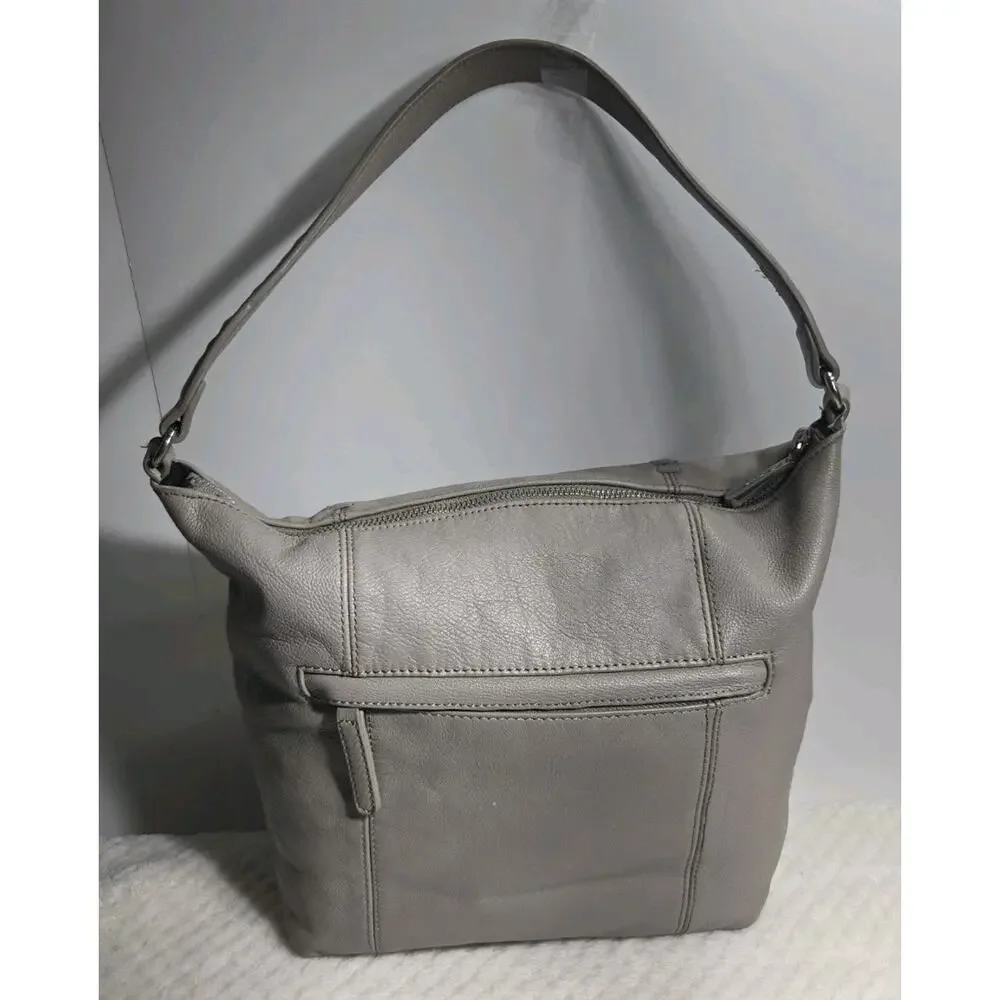 Tommy Bahama Gray Leather Hobo Shoulder Bag Whipstitch Zip Purse
